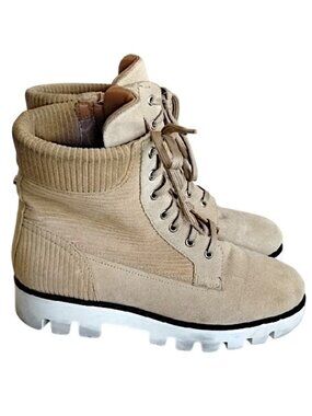 Aquatalia Italy Myla Corduroy Suede Lace-Up Lug Sole Combat Ankle Boots 10 Tan